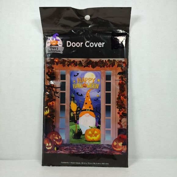 Happy Halloween Gnome Wizard Bats Black Cat Jac-o'-Lantern Door Cover 30" x 72" - Picture 2 of 6